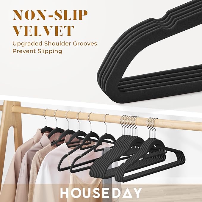 HOUSE DAY Velvet Hangers 20 Pack, Non-Slip Hangers with Tie Bar, Premium Standard Clothes Hanger Slim Felt Hanger 360° Swivel Hook for Closet Organized Storage，Elegance Black 72g/Pc