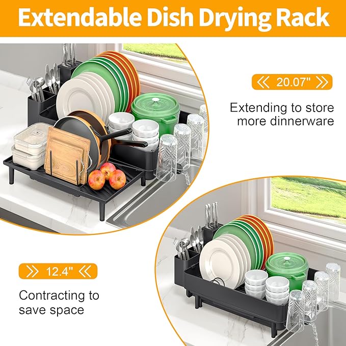 Urackify Dish Rack for Kitchen Counter, 304 Stainless Steel Dish Drying Rack, Expandable Dish Drainer, Foldable Kitchen Storage Organizer with Cutlery Holder, Plate Rack, Black