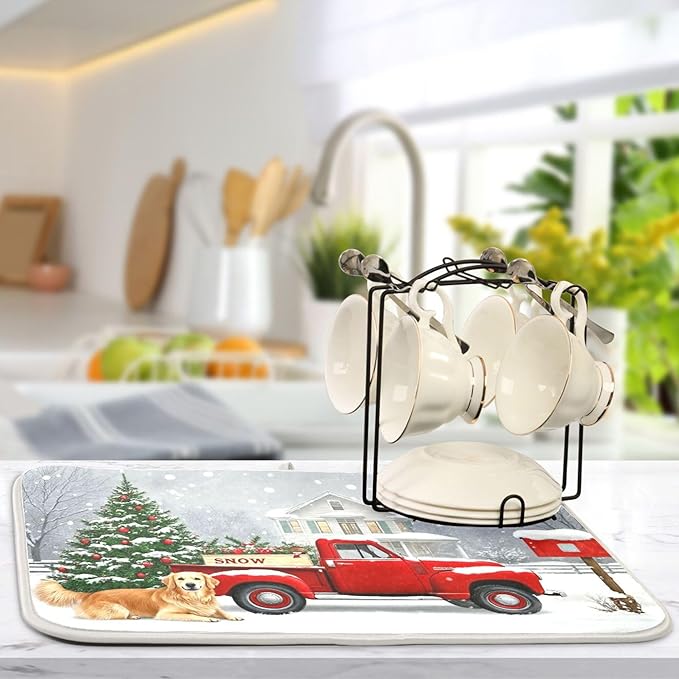 Christmas Tree Truck Dish Drying Mat for Kitchen Countertop 16x18 Winter Snow Poinsettia Golden Retriever Small Drying Mat Reusable Quick Dry Dish Sink Mats Easy Clean Decorative Essentials