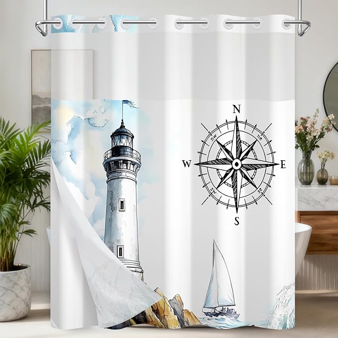 TQUQOBU No Hook Waterproof Shower Curtains, Snap-in Shower Curtain Liner with Weighted Hem & Top Window, Nautical Shower Curtain for Bathroom, Hotel and Gym, 71x74 Inches