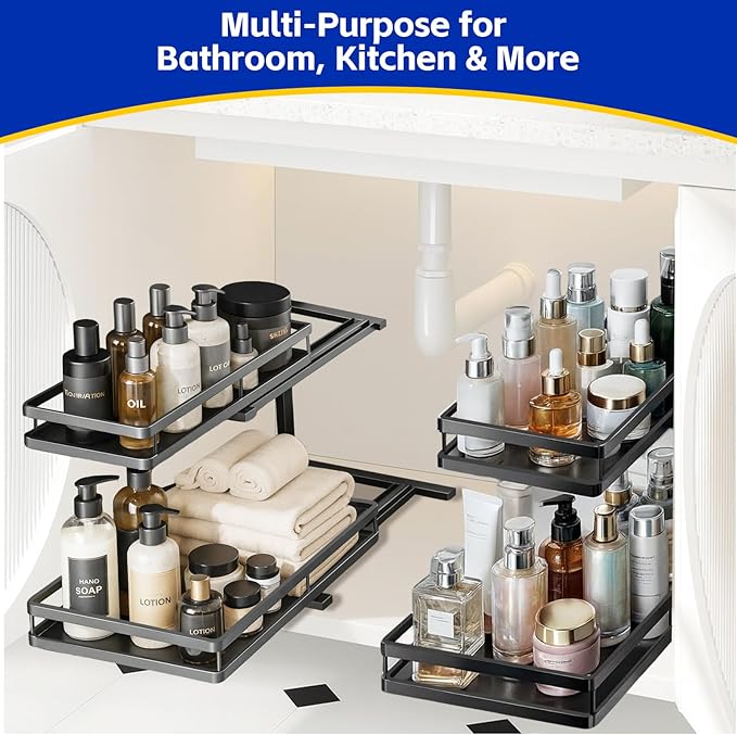 Under Sink Organizer, Dual-Rail Ball-Bearing, Under Kitchen Sink Organizer, 6-Level Adjustable, Under Cabinet Organizer, No-Drill Adhesive/Suction, Under Sink Storage (Matte Black, 2-Pack)