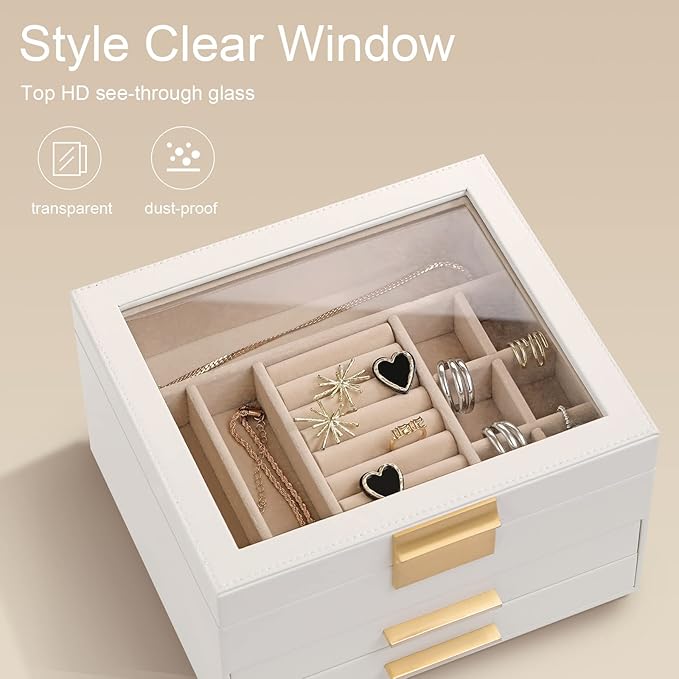 Jewelry Box Organizer for Women,3 Layers PU Leather Jewelry Storage Display Box with Glass Lid,Gift for people,3 Drawers,Large Capacity for Necklace Earrings Bracelets Rings,White
