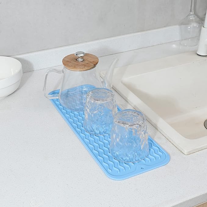 MicoYang Silicone Dish Drying Mat for Multiple Usage,Easy clean,Eco-friendly,Heat-resistant Silicone Mat for Kitchen Counter,Sink,Bar,Bottle,or Cup Light Blue M 17 inches x 6 inches