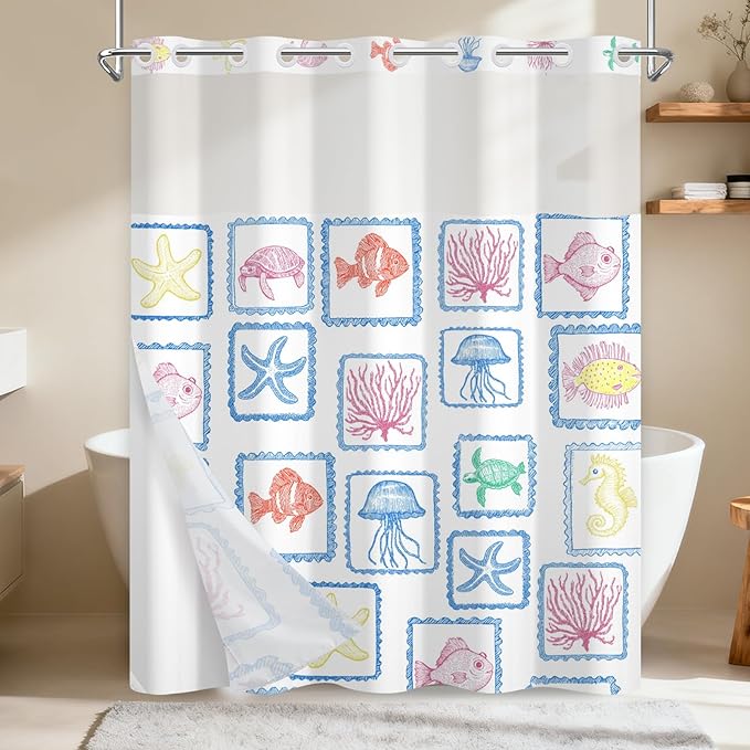 Double Layer Shower Curtains, No-Hook Cute Shower Curtain with Snap-in Weighted Shower Curtain Liner, Water Repellent & Quick-Dry Bath Tub Curtain, Cartoon Ocean Creature Stamp Pattern, 71"W x74"L