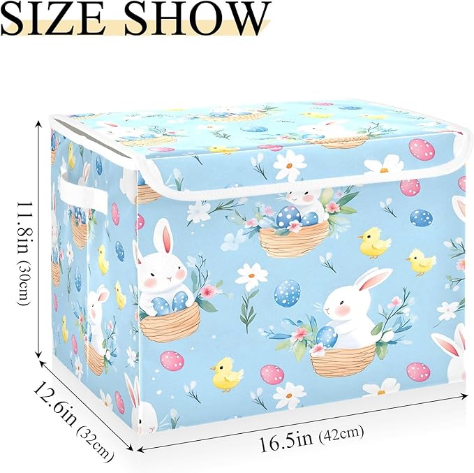 Bolaz Cute Bunny Easter Egg Pattern Storage Bins with Lids and Handles, Storage Box Basket with Cover Collapsible Organizer Containers for Home Closet, Shelves