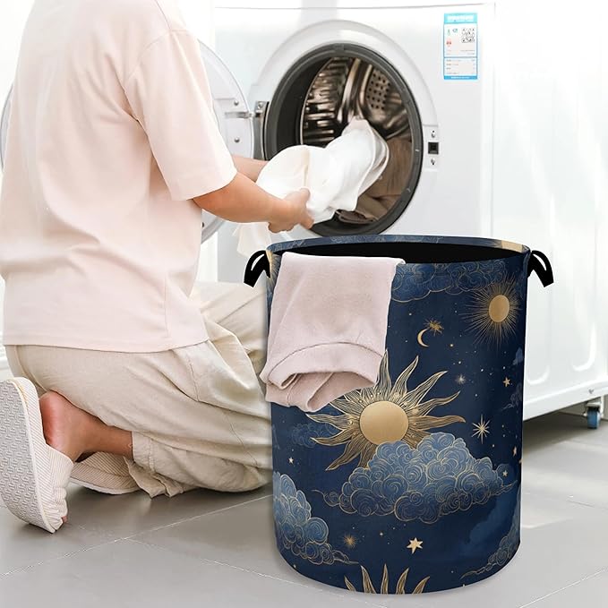 Sun Moon Stars Laundry Basket,Oxford Cloth Laundry Hamper with Handle Foldable Portable Clothes Storage Basket for Bathroom Bedroom Dorm Room 16" x 20.8"