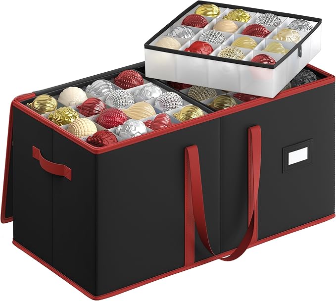 SONGMICS Christmas Ornament Storage Box, Dual Zippers, Stackable Christmas Storage Container with Lid, 8 Trays, 600D Oxford, 3-Inch 128 Slots, Ink Black URFB035B01