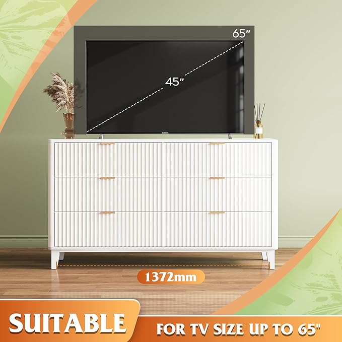 WLIVE Fluted Dresser for Bedroom with 6 Drawers, 54" Wide Wood Dresser with Golden Metal Handles, TV Stand for 65 inch TV, Mid Century Modern Chest of Drawers for Living Room, Hallway, Closet, White
