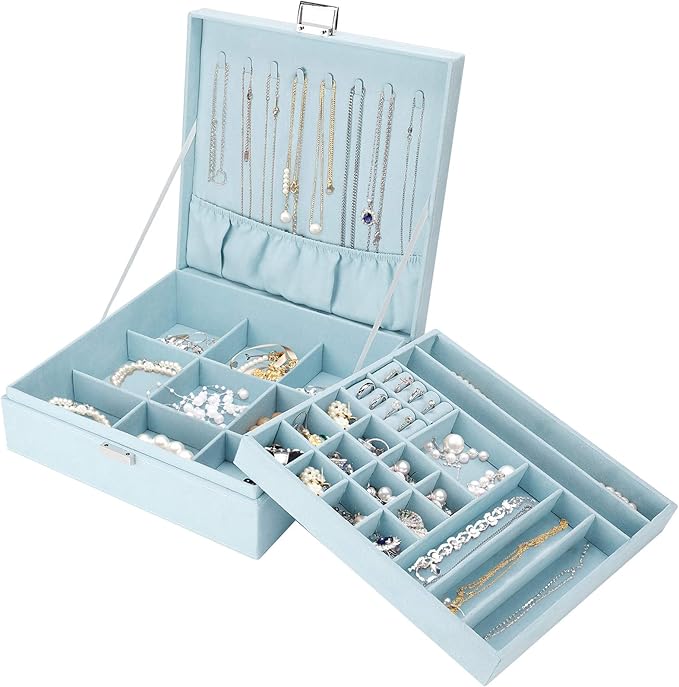 ProCase Velvet Jewelry Box Organizer for Women, 2 Layer Jewelry Display Storage Holder Case for Necklace Earrings Bracelets Rings -Blue