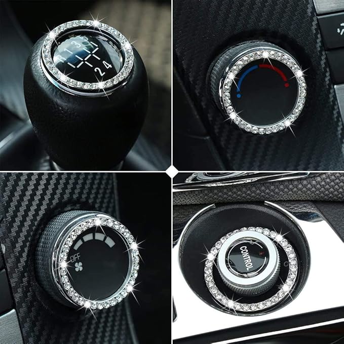 ToBeQueen Bling Car Crystal Rhinestone Ring Emblem Sticker, Car Interior Decoration, Bling Car Accessories for Women, Push to Start Button, Key Ignition Starter & Knob Ring (White)
