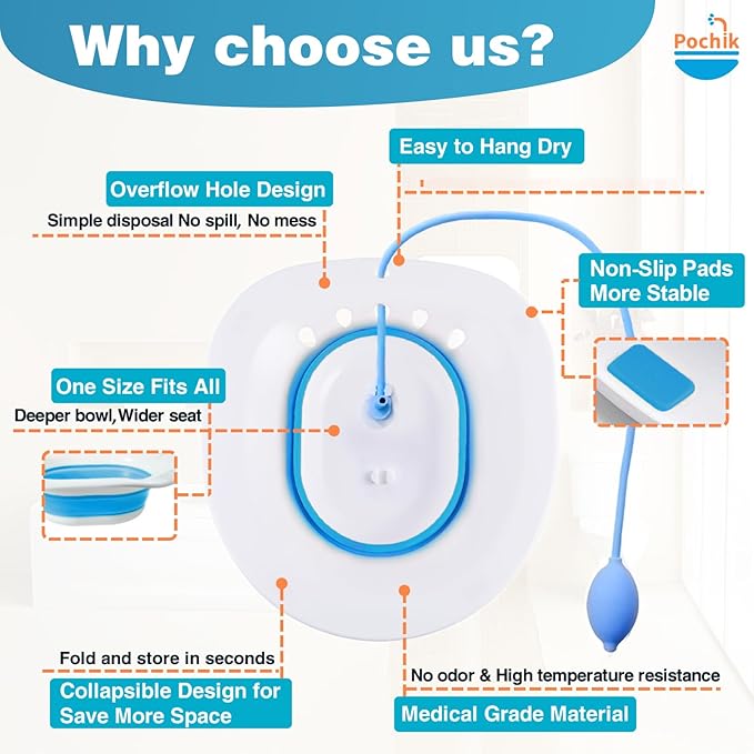 Pochik Sitz Bath for Toilet Seat Hemorrhoids and Postpartum Care, Yoni Steam Seat, Perineal Soaking, Collapsible, Flusher Hose, Drain Holes, Wider Seating Area - Blue
