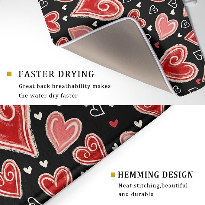 Valentines Day Dish Drying Mat for Kitchen Counter 24x18 Inch Black Red Heart Drying Mat with Absorbent Reversible Microfiber Love Dish Drainer Mats Rack Pad for Coffee Countertop Protector