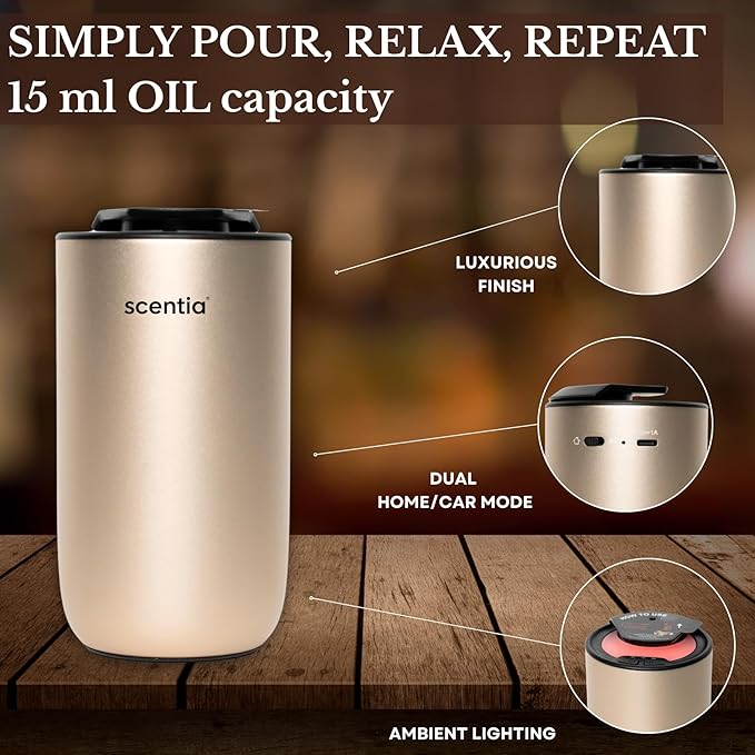 Scentia Gold MiniPod Nebulizer Diffuser + Smart Car Freshener – Waterless Essential Oils, Dual Mode Car/Home, Rechargeable Auto Shut-Off, 3 Lights – Ideal Teen Girl Holiday/Thanksgiving Gift