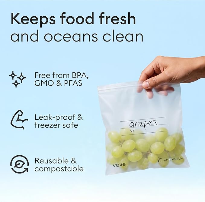 Vove Compostable Snack Bags 50 Ct – PFAS-Free, BPI Certified, Freezer Safe with Airtight Seal for Snacks & School Lunches, Plant-Based