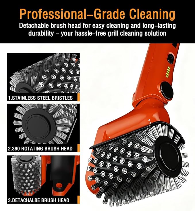 Electric Grill Brush - Safe Heavy Duty BBQ Cleaner with Dual-Speed, Stainless Steel Detachable Head, Stainless Grill Grate Cleaner for Charcoal Grill - Gifts for Grill Men/Dad (Red)