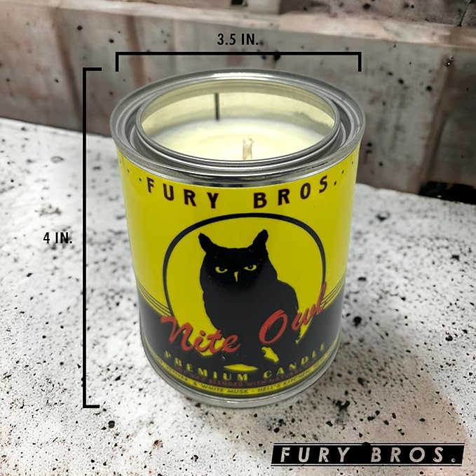 Fury Bros. Scented Candles for Men | Nite Owl | Lavender Vetiver White Musk | Natural Soy Wax | Hand-Poured in The USA | Long 70-80 Hour Burn (12.5 oz) | Vintage-Inspired Tin Design | Dad Home Gift