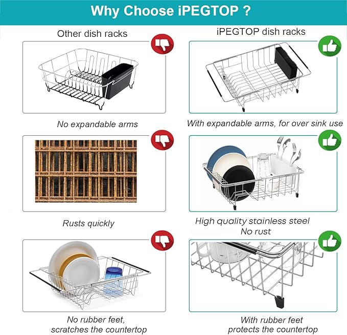 iPEGTOP Expandable Multifunctional Dish Drying Rack, Over The Sink, in Sink Or On Counter Dish Drainer Basket Organizer Shelf with Removable Grey Utensil Silverware Holder, Rustproof Stainless Steel