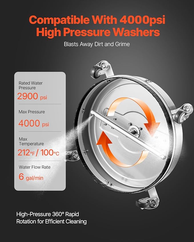 VEVOR 20" Pressure Washer Surface Cleaner, Stainless Steel Pressure Washer Attachments with 4 Wheels, 4000 Max PSI, 3/8 Quick Connector, 2 Spray Nozzles, Dual Handle, for Concrete, Patio, Sidewalk