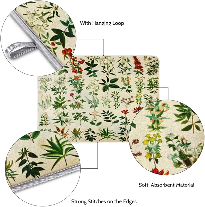 Hexteria Dish Drying Mat For Kitchen Counter Absorbent Dish Mat Microfiber Drainer Drying Kitchen Mat 18x24 In Quich Dry Mat, Botanical Garden