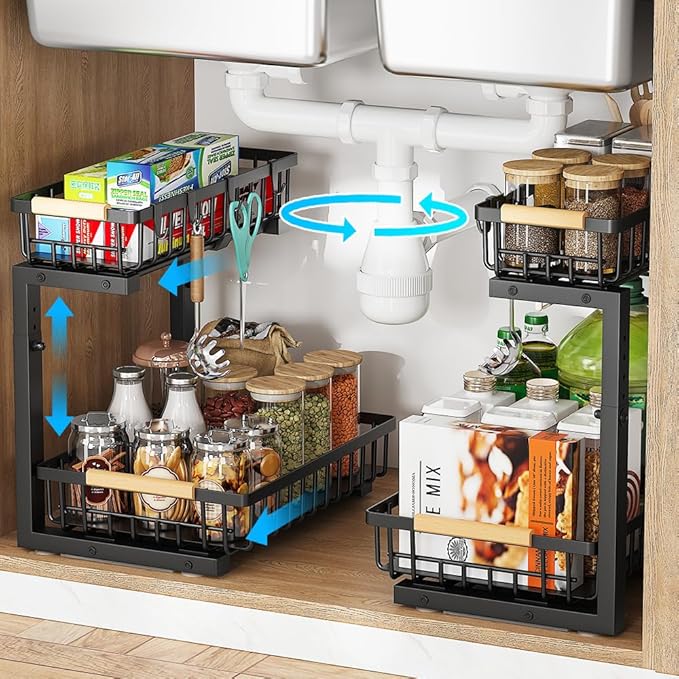 ZMJESSNIA Under Sink Organizer, 2 Tier Under Sink Organizers and Storage, Metal Slide out Pull out Cabinet Organizer ，2 Pack Sliding Drawer Organizer for Kitchen Bathroom Pantry