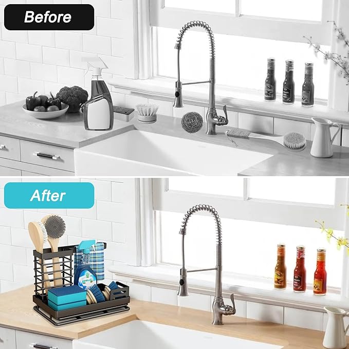 Sink Caddy, Kitchen Sink Organizer Sponge Holder, Kitchen Sink Accessories Stainless Steel Sponge Holder, Sink Brush Holder with Removable Drain Tray for Sponge Dish Brush Soap Scrubber Dishcloth