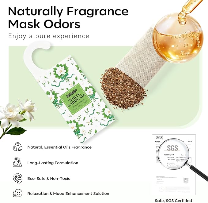 MYARO Large Hanging Sachets Scented for Home 12 Pcs Potpourri Bags Long Lasting Air Freshener for Closet Drawer Car House (White Gardenia)