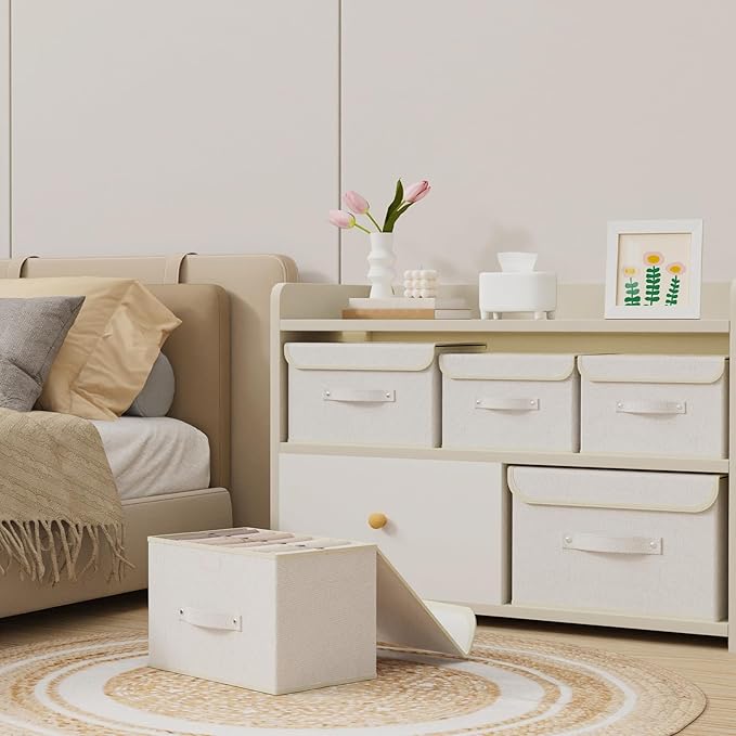 Fabric Storage Bins Cube Organizers with Flip-Top Lid and Handles, Storage Boxes for Organizing Home, Office, and Closet, Beige, 5 Pack 10.2 X 7.9 X 6.7 in