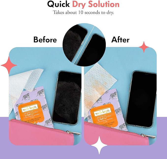 Well-Kept Tech & Lens Wipes - Eyeglass, Screen & Phone Cleaning, Multi-Surface, Lint-Free, Pre Moistened, Streak-Free & Non Scratching - Tiger Pose, 12 Pack (180 Count)