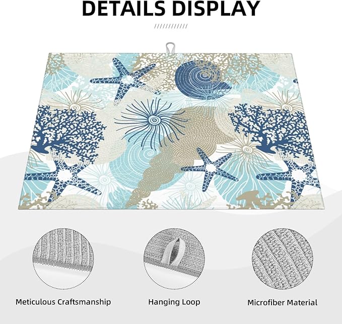 Seashells Starfish Dish Drying Mat for Kitchen Counter Reversible Absorbent Dish Mat Large Drying Kitchen Mat 18X24inch Dish Drying Matt for Kitchen Dish Drying Mat
