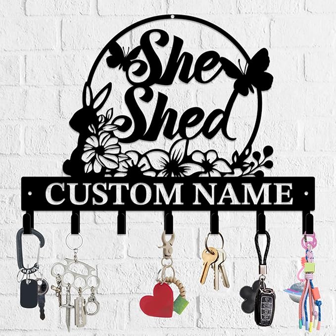 Personalized She Shed Metal Keys Hooks,Custom Name Metal She Shed Keys Hooks,Black Metal She Shed Wall Home Storage Decorative Keys Hooks,Key Holder Hooks for Wall (Style I)