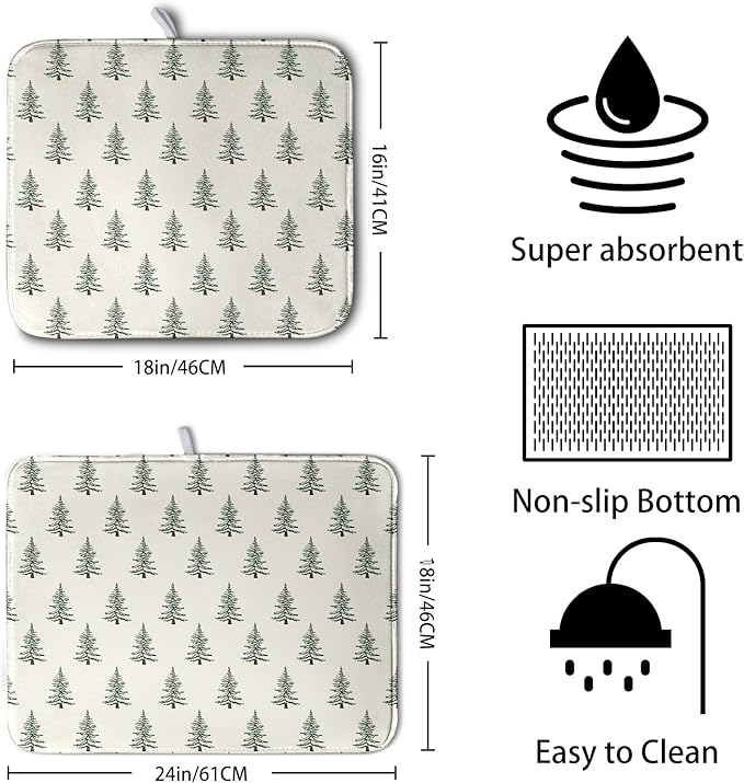 Kwlegh Christmas Tree Dish Drying Mat Winter Xmas Holiday Drying Mats Microfiber Absorbent Dishes Drying Pad Reusable Washable Kitchen Countertop Protector Dish Drainer Rack Mat 18x24 Inch
