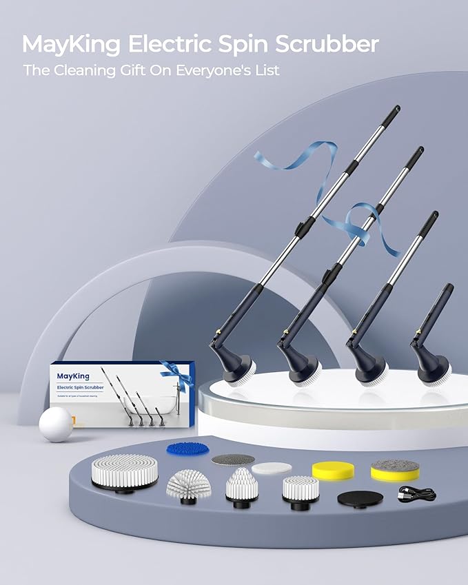 MayKing Electric Spin Scrubber with 9 Brush Heads, 3-Angle & 4-Length Adjustable Cordless Power Scrubber, 3-Speed & Battery LED Display, Electric Scrubber for Cleaning Bathroom Bathtub Floor Tiles