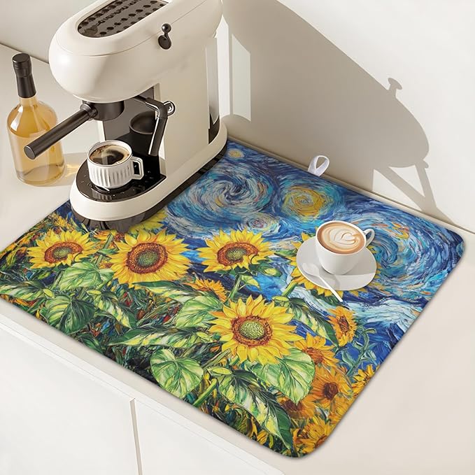 Sunflower Dish Drying Mat for Kitchen Counter 18x16 Inch Starry Night Drying Mat with Absorbent Reversible Microfiber Farmhouse Floral Dish Drainer Mats Rack Pad for Coffee Countertop Protector