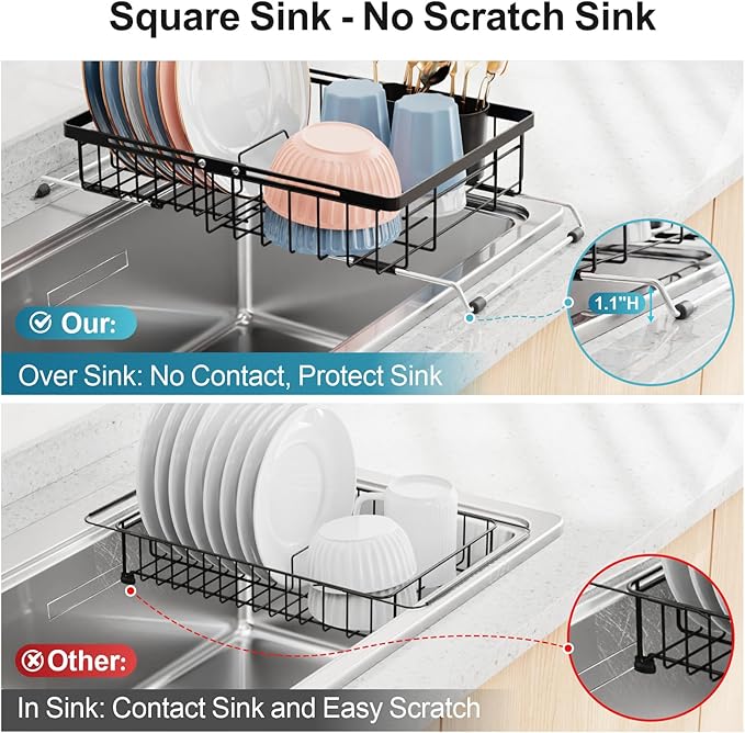 iSPECLE Expandable Dish Drying Rack for Kitchen Sink - Rust Resistant Adjustable Over The Sink Dish Drainer with Non Slip Rubber, 11.8" W x 12.8"-25.2" L, Black