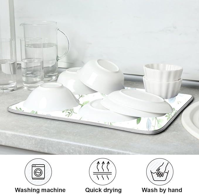 Green Eucalyptus Leaves Dish Drying Mat for Kitchen Countertop 18x24 Rectangle Large Drying Mat Reusable Quick Dry Dish Sink Absorbent Mats Dishwasher Easy Clean Decorative Home Decor Essentials