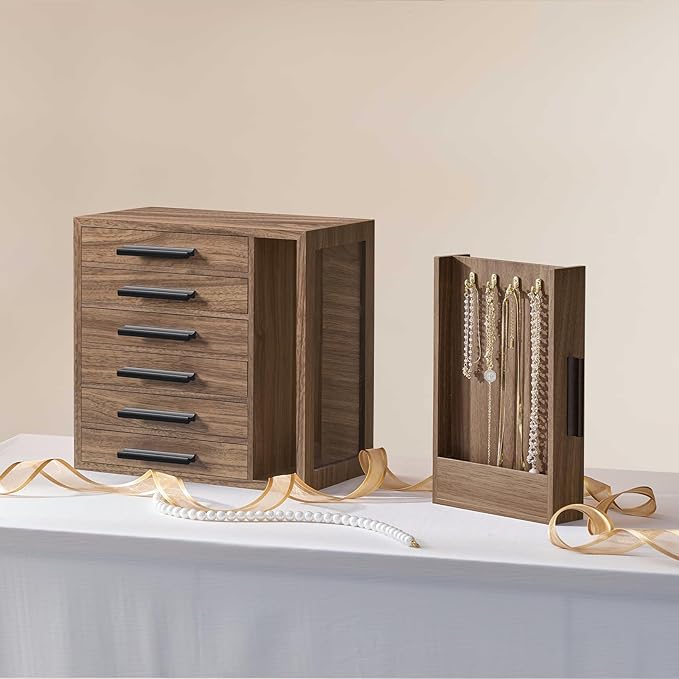 HOOBRO Jewelry Box for Women, Jewelry Organizer Box, 6-Tier Wooden Jewelry Box, Jewelry Case with Side Transparent Window, Creative Gift, for Earring, Necklace, Bracelet, Walnut and Black BH12JB04