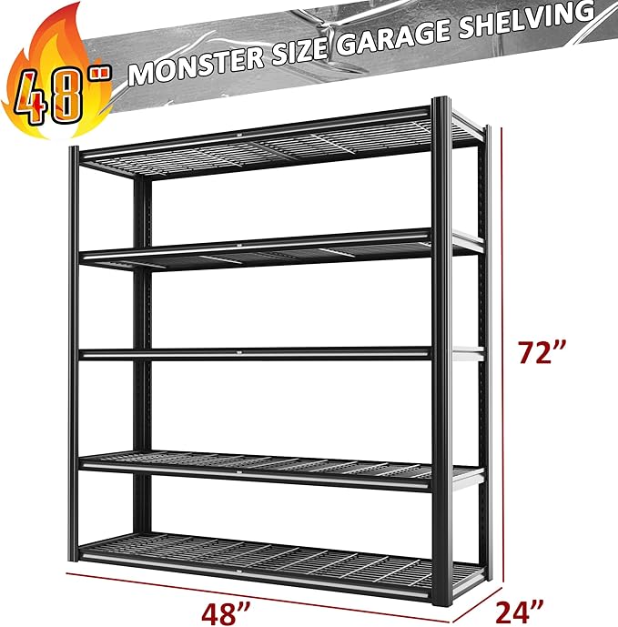 VDEVY 48" W x 72" H x 24" D Garage Shelving Heavy Duty,5 Tier Adjustable Metal Shelves Storage Rack,3030 LBS Large Industrial Shelving Unit for Basement,Warehouse,Garage Organization