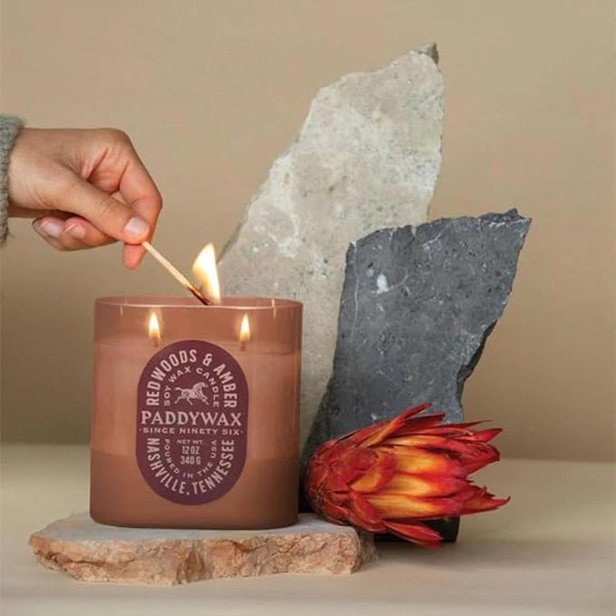 Paddywax Vista Scented Candle with Lid in Reusable Tonal Glass Jar, Clean-Burn 2-Wick Soy Candle with Approx. 84 Hour Burn Time, Decorative Gift Candles for Home, Redwoods & Amber, 12 oz