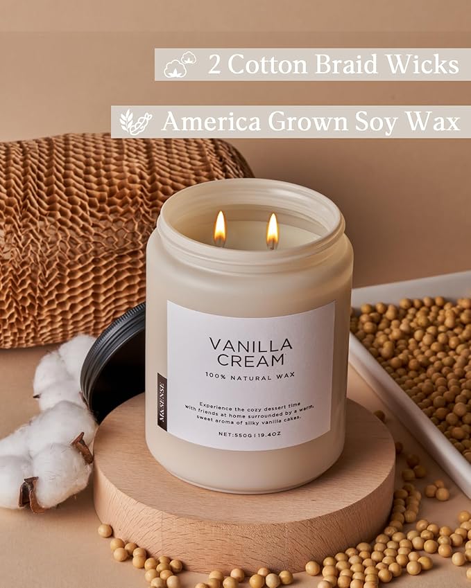 M&SENSE Vanilla Soy Candles, Large 19.4oz Non Toxic 110 Hours Burning Time 100% Natural Organic Soy Wax Candle, Relaxing Aromatherapy Scented Housewarming Gift for Women and Men