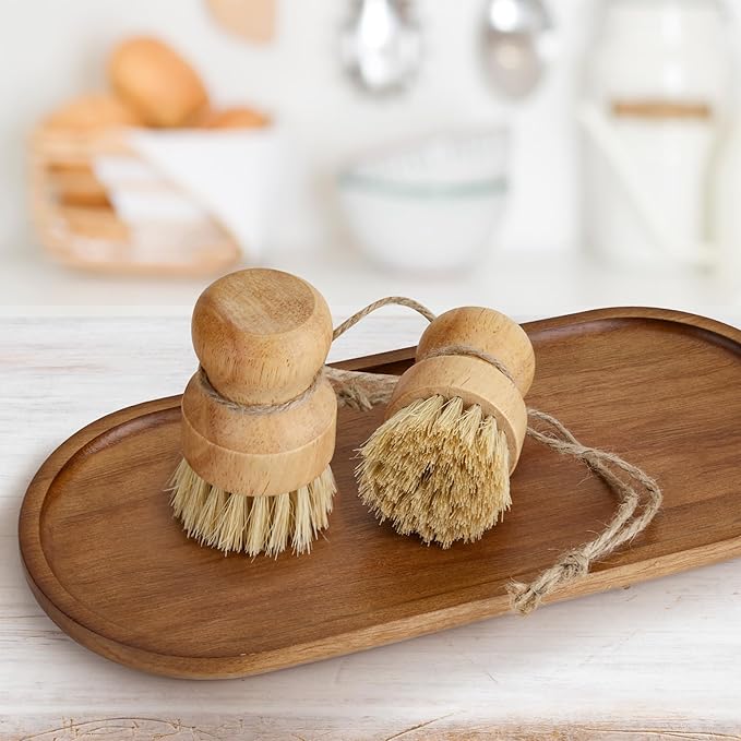 KEJJNYER 12 Pcs Bamboo Dish Brush, Wooden Bamboo Dish Scrub Brushes, Round Wooden Dishwashing Brush Sisal Bristles for Pan Pot Sink Kitchen Cleaning