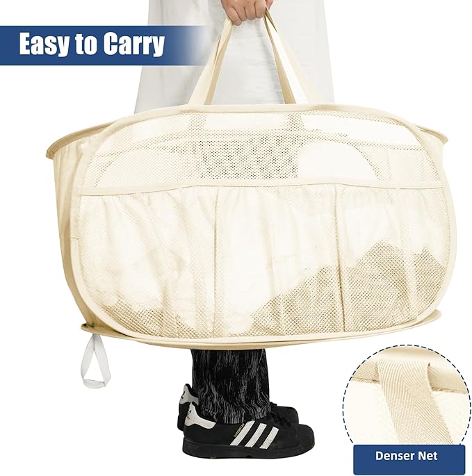 Collapsible Laundry Baskets, Upgrade Pop Up Laundry Hamper with Convenient Bags, Foldable Laundry Basket Mesh Light Weight, Easy to Carry Clothes Hampers for Laundry, Dorm, Toys, Travel Beige