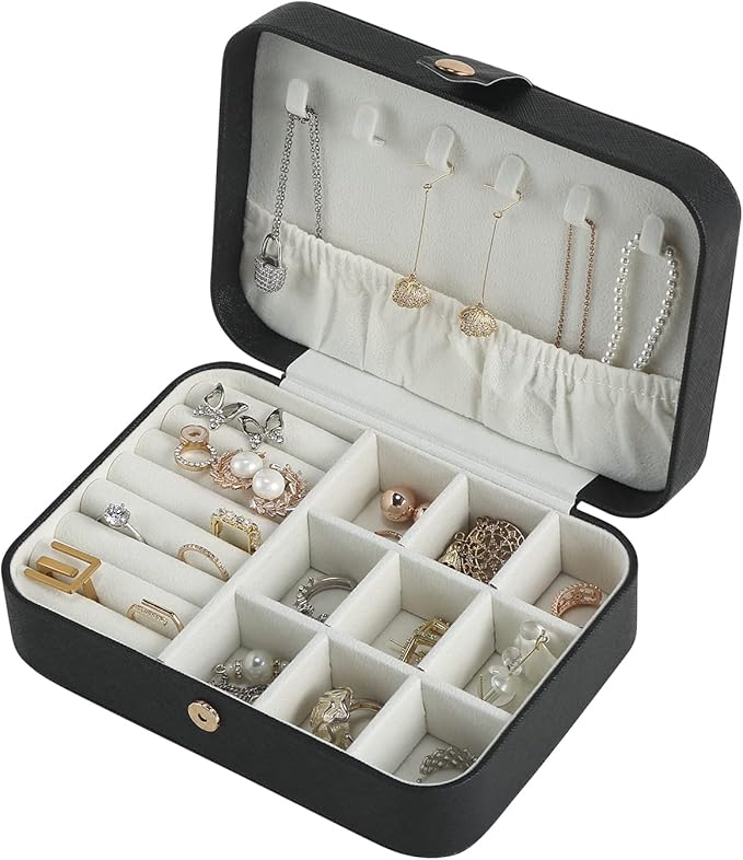 CASEGRACE Travel Jewelry Box Small Jewelry Organizer Case Display Storage for Earrings Necklace Rings Bracelets Portable Jewelry Organizer for Women Girls, Black