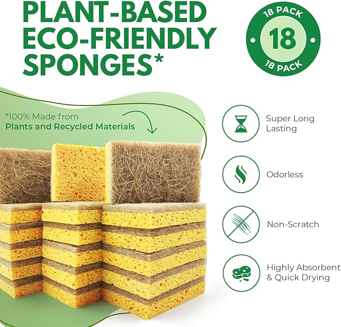 AIRNEX Natural Kitchen Sponges Pack of 18 - Biodegradable Cellulose and Coconut Husk Walnut Scrubbers - Odor Free Non Scratch - Eco Friendly Quick Drying Dishwashing Sponges