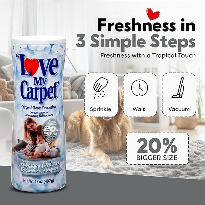 6 Love My Carpet | Carpet Deodorizer & Freshener Powder | 17 oz Pet Odor Eliminator for Strong Odor & Pet Urine | ALLERGEN REDUCER | Safe for Homes with Pets