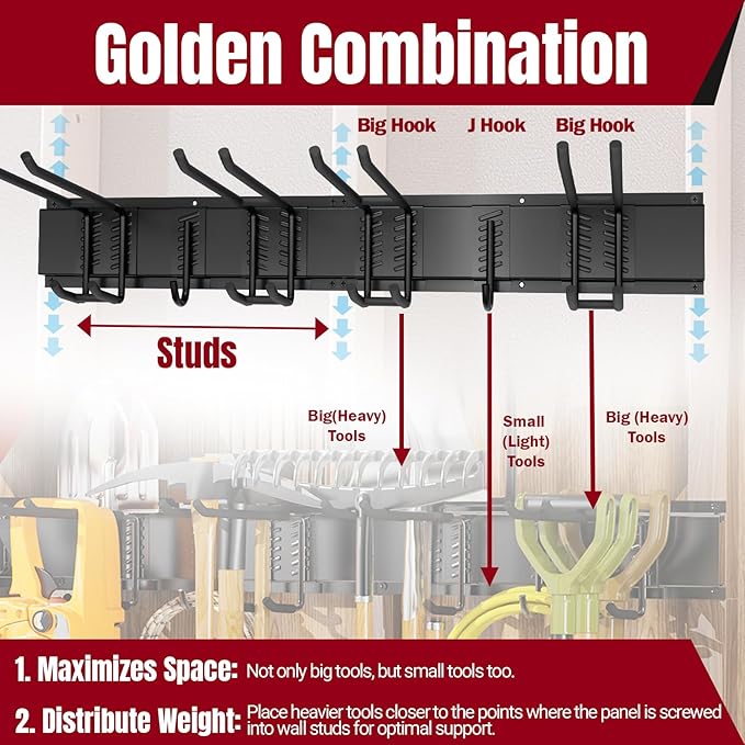 Hailivike 99" Garage Tool Organizer Wall Mount, with 18 Versatile Hooks (8 Styles), Maximized Space & Heavy-Duty Garage Tool Storage Rack for Brooms, Lawn Equipment, Garden & Yard Tools