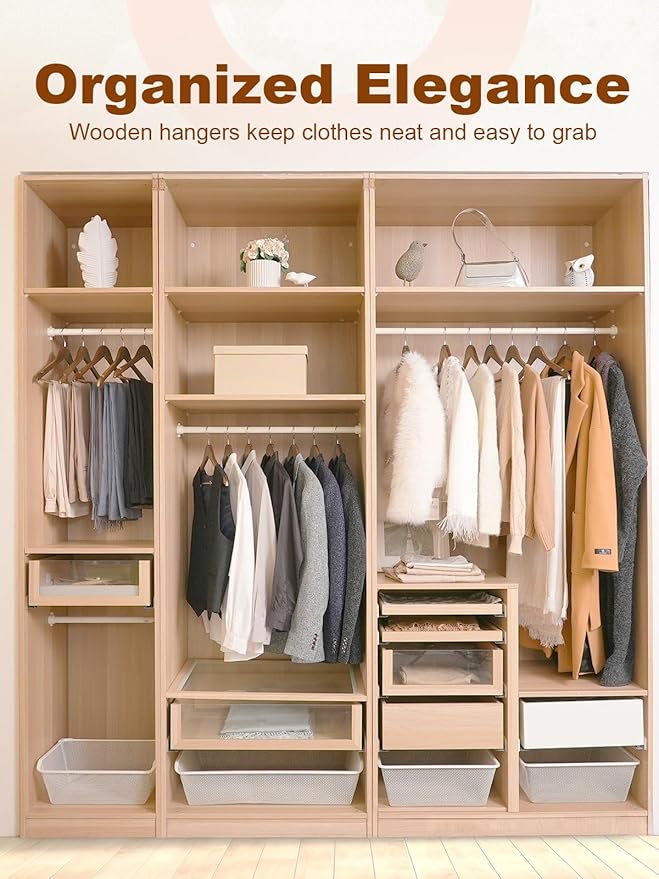 HOUSE DAY Walnut Wooden Hangers 10 Pack, Solid Wood Hanger with Non Slip Pant Bar, Heavy Duty Wooden Coat Hanger for Closet, Smooth Finish Wood Clothes Hangers for Shirts, Suits, Jackets, Dress
