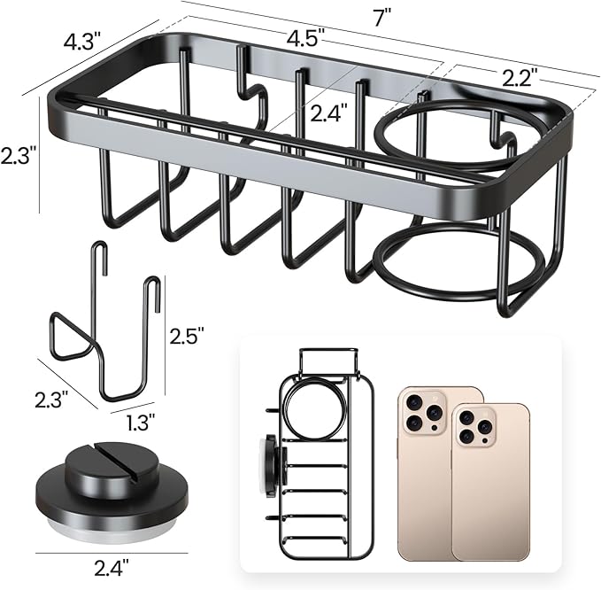 TAILI 4-in-1 Sponge Holder for Kitchen Sink with Strong Suction Cup Removable, Rustproof Aluminum Sink Caddy for Sponge, Brush, Scrubber, Scraper -Black