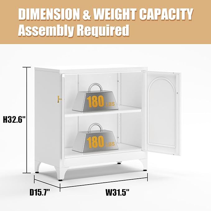 Metal Storage Cabinet with 2 Doors, 33" H White Sideboard Cabinet, Small Kitchen Pantry with Adjustable Shelf, Coffee Bar Cabinets, Storage Cabinets for Kitchen, Bedroom, Living Room, Office