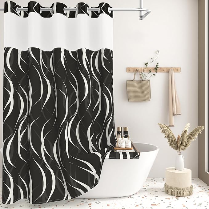 No Hook Black and White Striped Shower Curtain with Liner, Abstract Modern Minimalist Geometric Decor Bathroom Curtains, Hotel Style Waterproof Fabric Shower Curtain with Top Sheer Window, 71x74 Inch