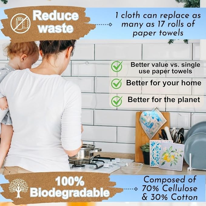 Sunshine State Goods Swedish Dishcloths for Kitchen - Ecofriendly Reusable Paper Towels, Biodegradable Dish Cloths - Cellulose Sponge Dish Cloths for Washing Dishes - 8 Pack (Mediterranean)